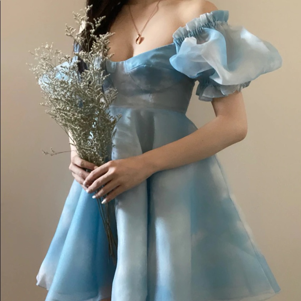 Selkie Light Blue Puff-Sleeve Off-Shoulder Mini Dress